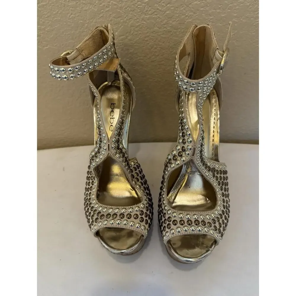 Bebe Studded Caitlyn Size 6 Gold Heel Sandal Wedges‎